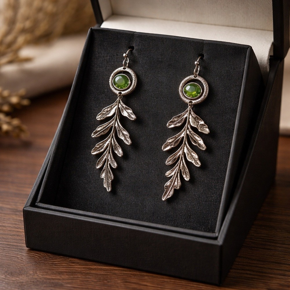Silver Tone Green Gemstone Leaf Drop Earrings Nature Inspired Branch Dangle
